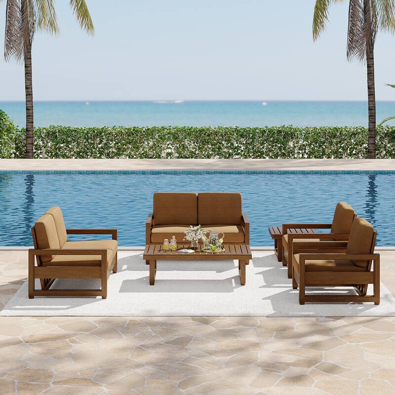 7-Piece Outdoor Teak Wood Conversation Set with Loveseat, Chairs and Tables