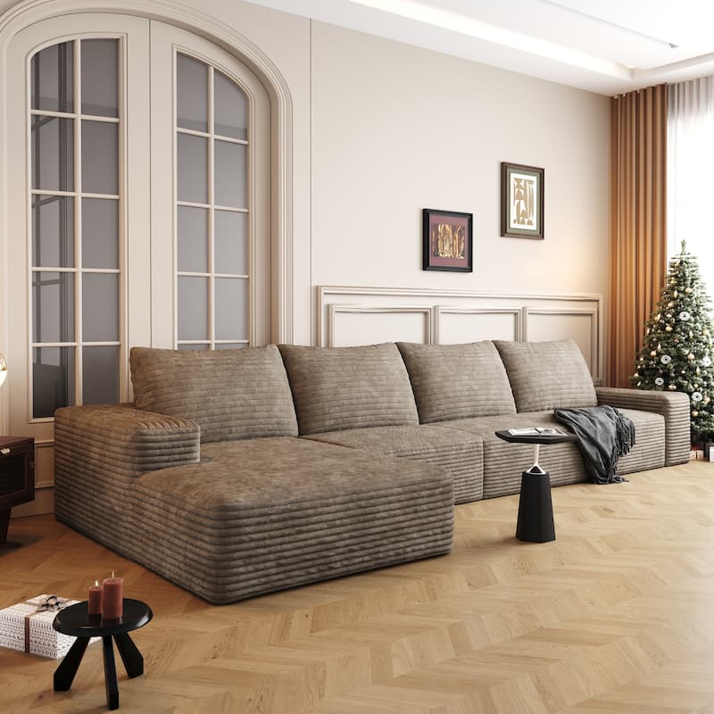 Large Chaise Lounge Couch Corduroy L-shaped Sectional Sofa - Camel