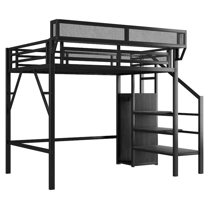 Twin Size Loft Bed with Stairs, Metal Full Loft Bed with Storage Shelves, High Loft Bed with Wardrobe for Kids Teens