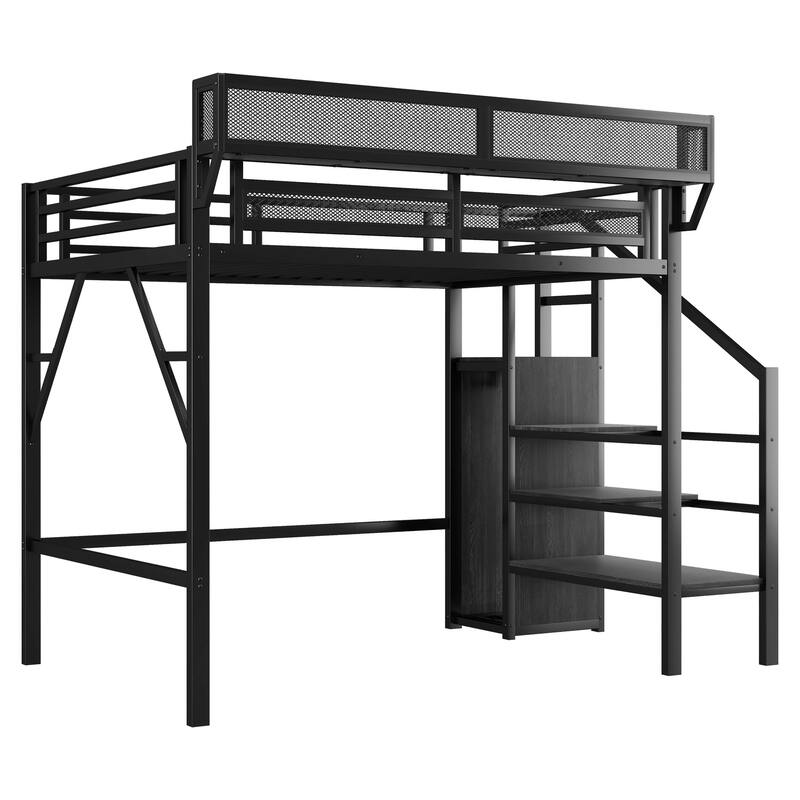 Twin XL Size Loft Bed with Stairs, Metal Full Loft Bed with Storage Shelves, High Loft Bed with Wardrobe for Kids Teens