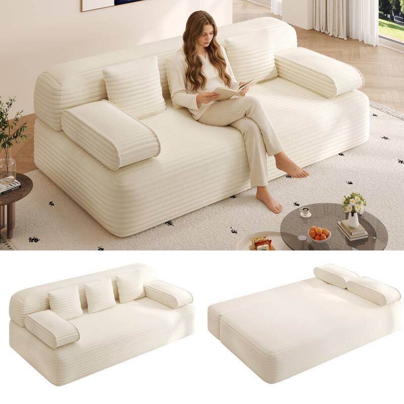 78.7" Convertible Sofa Bed, 2-in-1 Corduroy Couch with 3 Pillows, Modern Folding Boneless Couch - Beige
