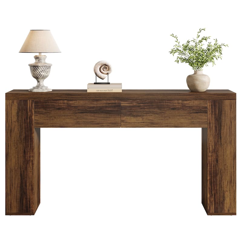 63" Wood Console Table With Drawers, Rustic Brown Sofa Console Table