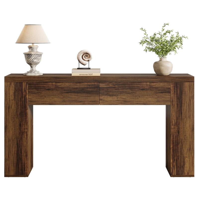 63-Inch Wooden Console Table with 2 Hidden Drawers, Sofa Table for Living Room, Hallway, Entrance, Foyer