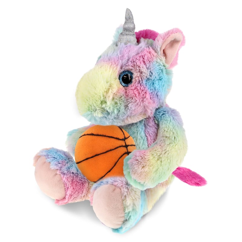 DolliBu Sitting Rainbow Unicorn Stuffed Animal with Basketball Plush - 10 inches