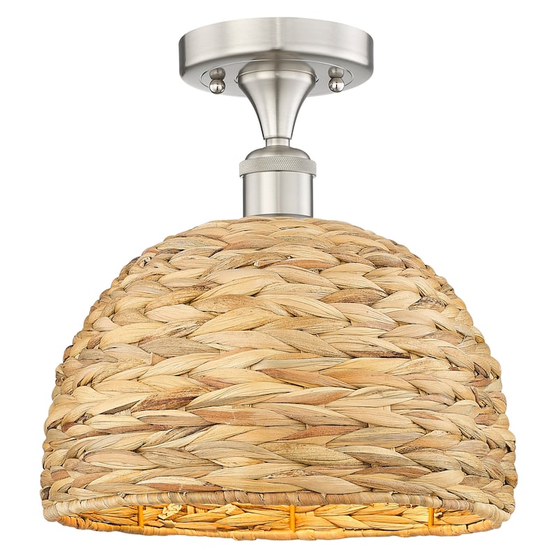 Innovations Lighting 616-1F-11-12 Woven Rattan Semi-Flush Woven Rattan - Brushed Satin Nickel / Natural