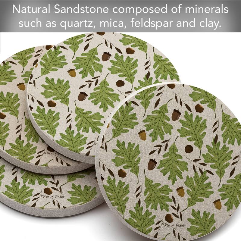Oak Leaves 4 Pack Round Natural Sandstone Coasters with Protective Cork Backing Manufactured in The USA