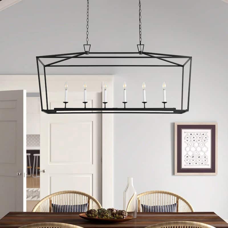 Farmhouse Matte Black 6-Light Rectangle Kitchen Island Chandelier