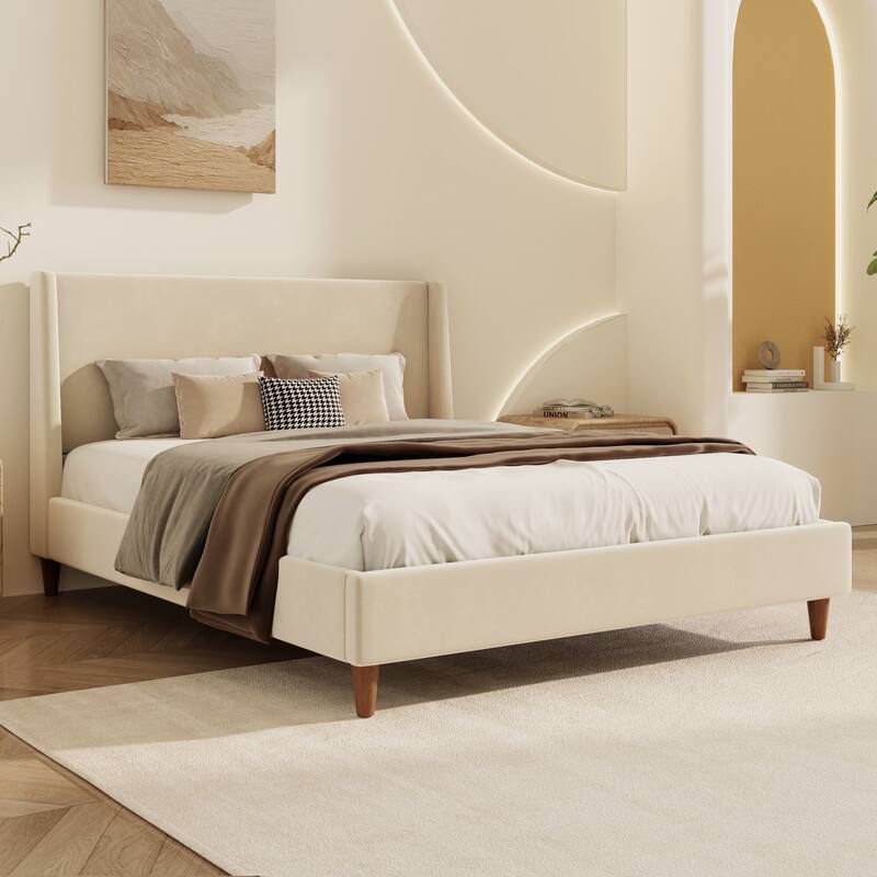 Velvet Frame Platform Bed - Upholstered Frame Wingback Bed with Wooden Legs, Wood Slats Support Bed for Bedroom