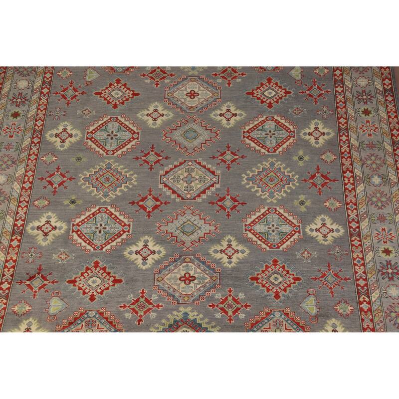 Hand Knotted Oriental 100% Wool Carpet Traditional Geometric Greys & Charcoal Kazak Area Rug - 9' 10'' X 8' 2''