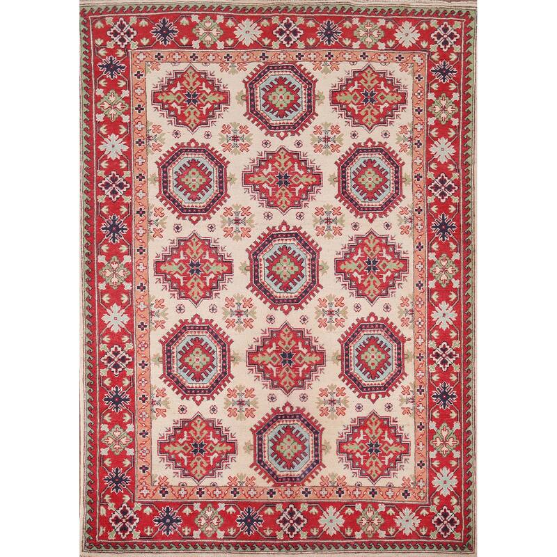 Beige / Ivory Kazak Oriental Area Rug Hand-Knotted Wool Carpet - 4'11" x 6'6"