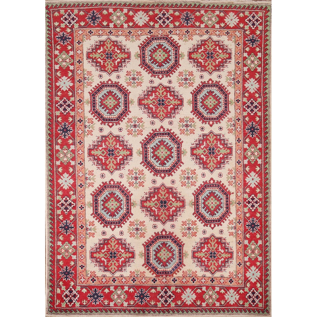 Beige / Ivory Kazak Oriental Area Rug Hand-Knotted Wool Carpet - 4'11" x 6'6"