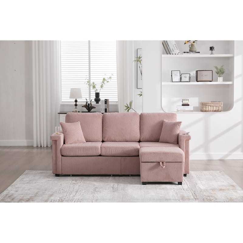 L-Shaped Sectional Sofa with Pull-Out Storage,Ottoman & Pillows 3-Seat with USB Charging,Cup Holder, Convertible Design - Pink