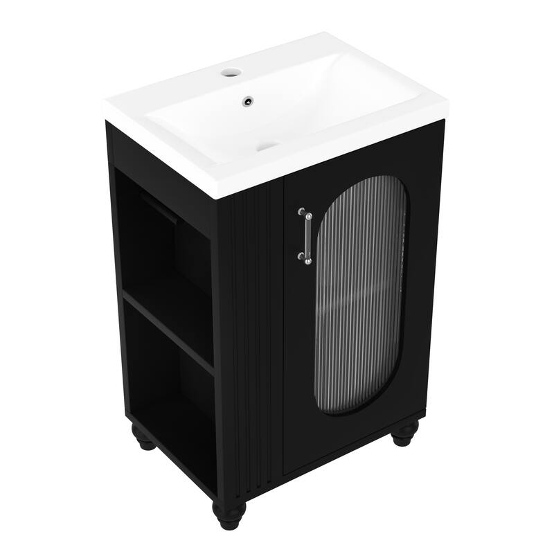 Small Bathroom Vanity with Sink, Wood Bathroom Cabinet with Glass Door, Single Basin Vanity Set with Two-Tier Shelf