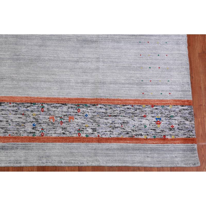 Hand Knotted Oriental Viscose Silk Carpet Tribal Stripe Greys & Charcoal Gabbeh Area Rug - 10' 0'' X 8' 4''