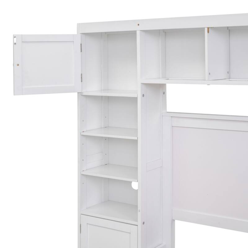 Wooden Bed with Integrated Cabinet and Shelves