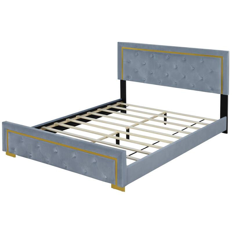 Velvet Upholstered Platform Bed With Pull Point Headboard And Metal Wire Frame