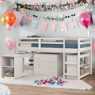 Contemporary Low Study Twin Loft Bed with Cabinet and Rolling Portable Desk, Solid Construction & Versatility Galore