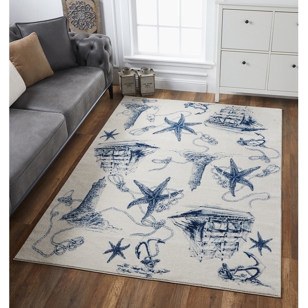 Domani Seaside Lighthouse Rug, Polypropylene, Muted Blues - Bed
