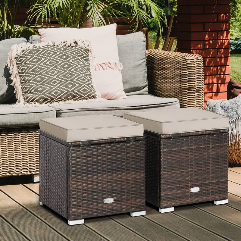 2-Pieces Patio Ottoman Set Outdoor Wicker Stool with Storage