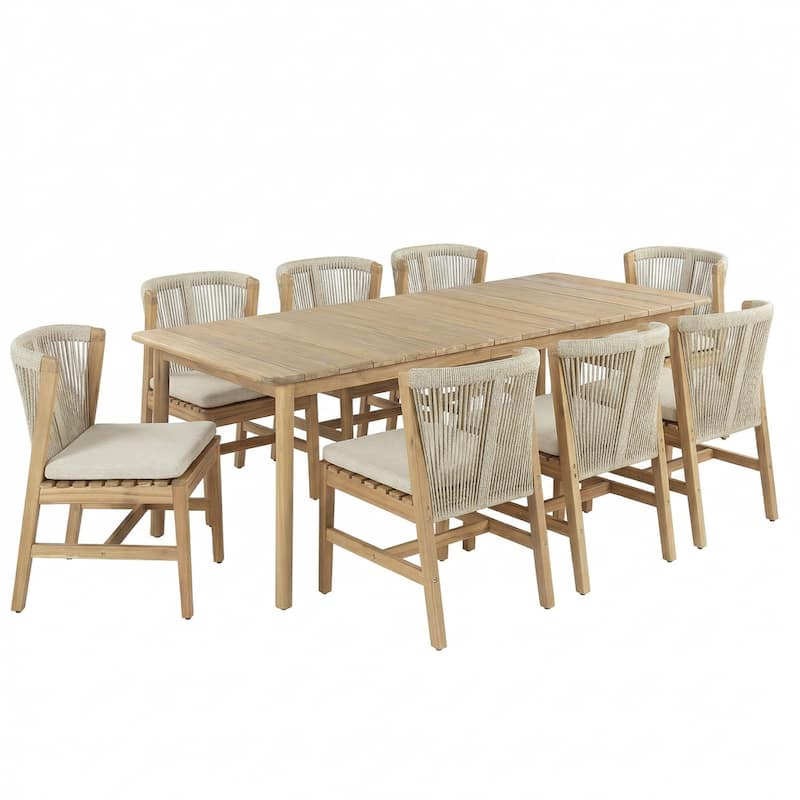 Christopher Knight Home - Solterra Farmhouse Wood & Rope Woven 9-Piece Outdoor Dining Set with Slat Table