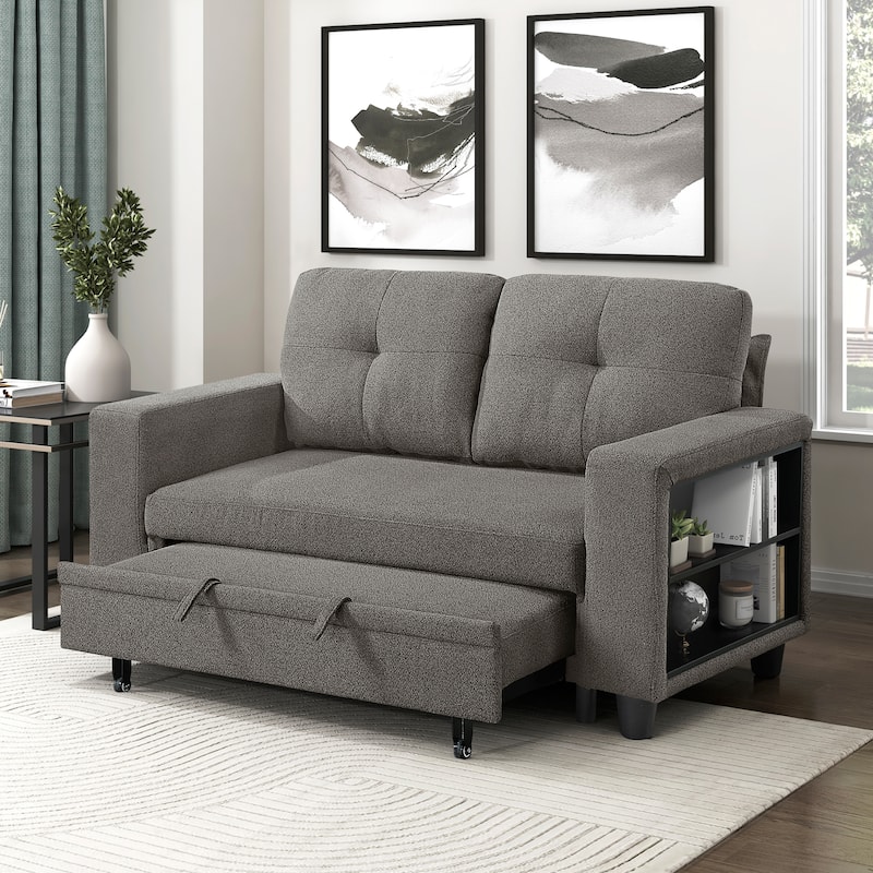 Hazel 56.5" Boucle 2-Seater Loveseat - Pull-out Bed, Shelves, USB Port