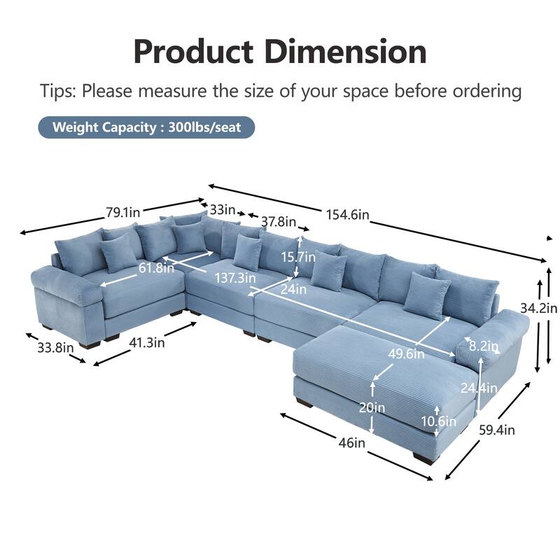 GDFStudio - Corduroy 5-Seater 154.6" Cloud Modular Sectional Couch with Ottoman
