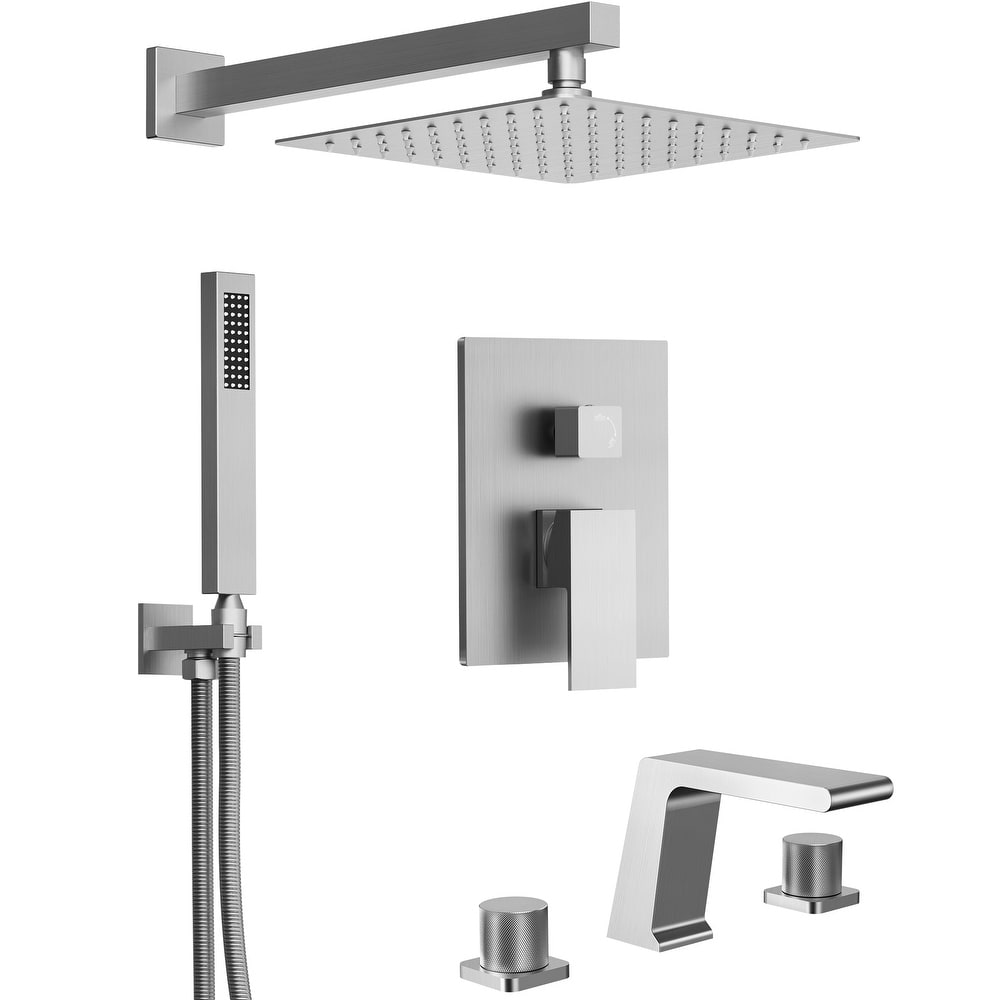 GRANDJOY 10" Rainfall Shower System with 2-Handle Waterfall Bathroom Sink Faucet Combo Set