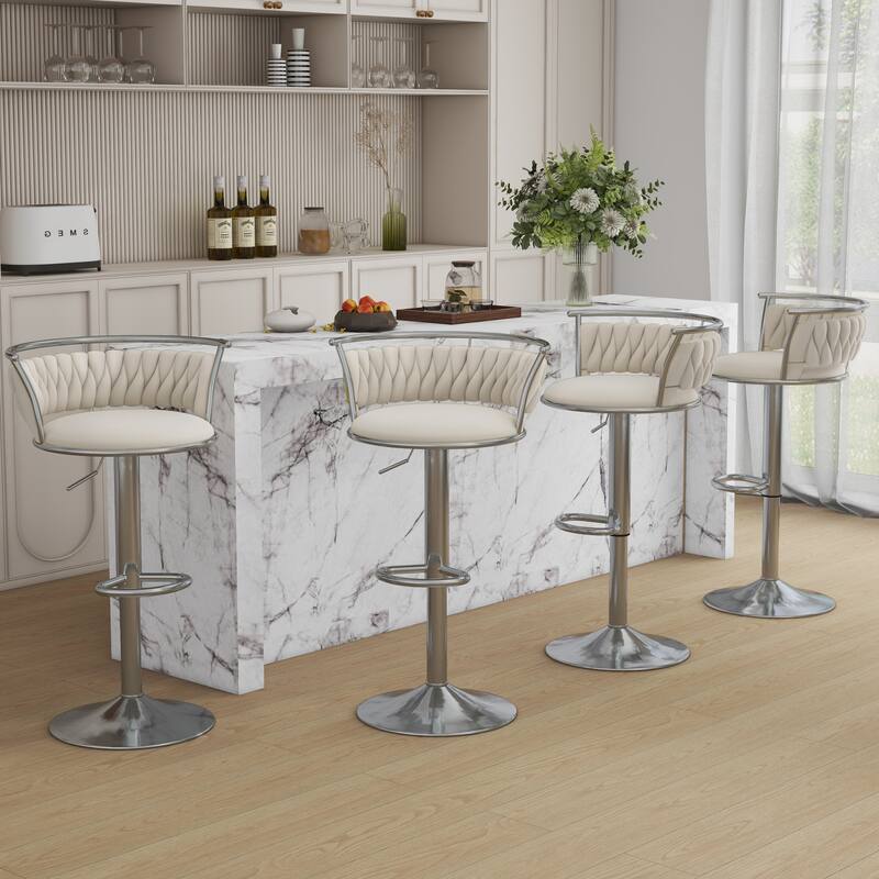 4 Set Velvet Adjustable Swivel Bar Stools With Backs - Set of 4 - Ivory Silver 4Set
