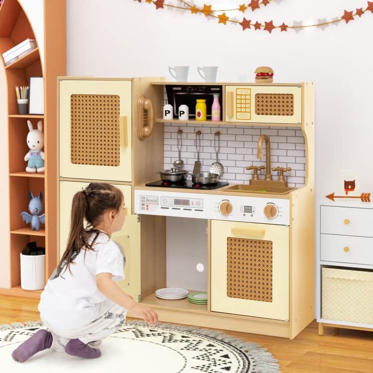 MDF Rattan Kids Play Kitchen with Lights, Sounds and Accessories - 33" × 10" × 31.5"