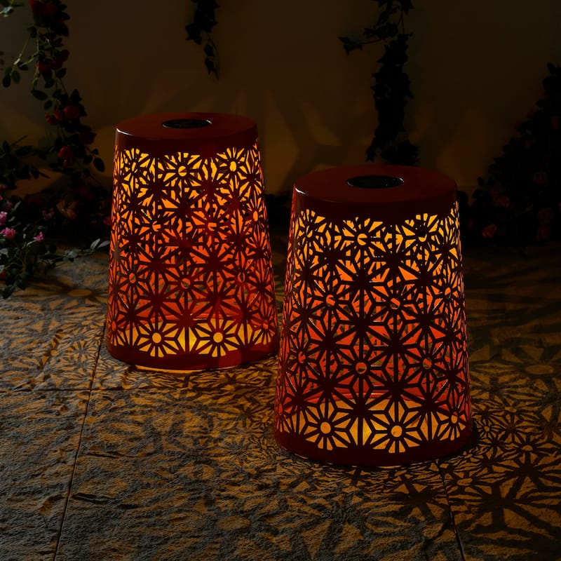 Glitzhome 17.5"H Set of 2 Cutout Geometric Pattern Solar Powdered LED Light Garden Stool