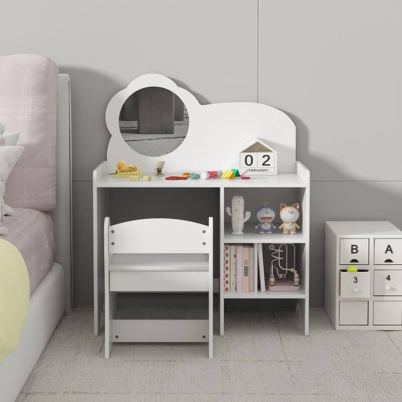 Kids Vanity Table with Mirror and Chair, Wooden Children's Dressing Makeup Desk with Storage Shelves, Study and Activity