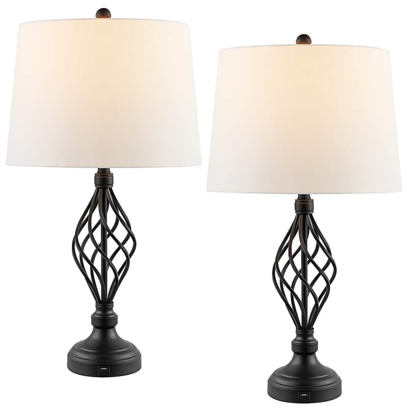 Dark Bronze USB Table Lamps with White Linen Shades (Set of 2) - 28in - 28in