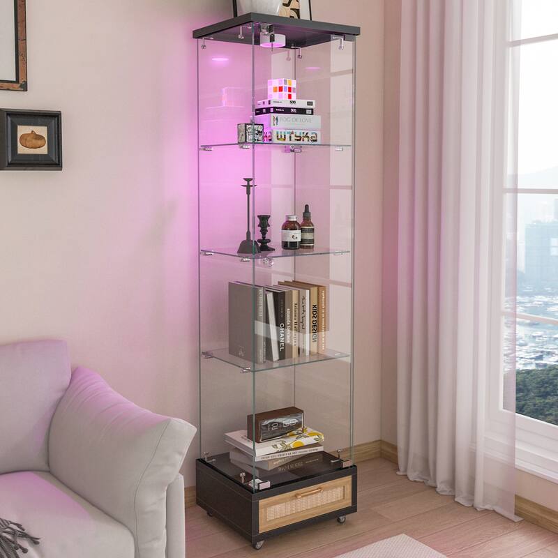 Glass Display Cabinet With Drawer,Cabinet With Led Lights,Tempered Glass Bookshelf, 1-Door Storage Case With 4 Shelves