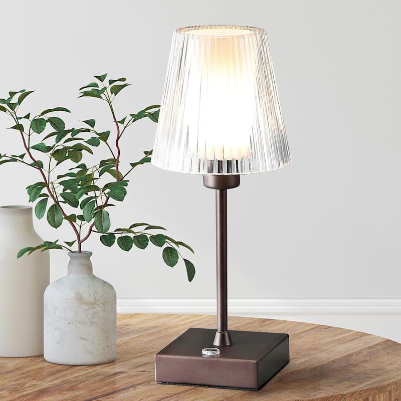 Lina 12.5" Modern Industrial Rechargeable/Cordless Iron/Acrylic Integrated LED Table Lamp with Ribbed Shade, by JONATHAN Y