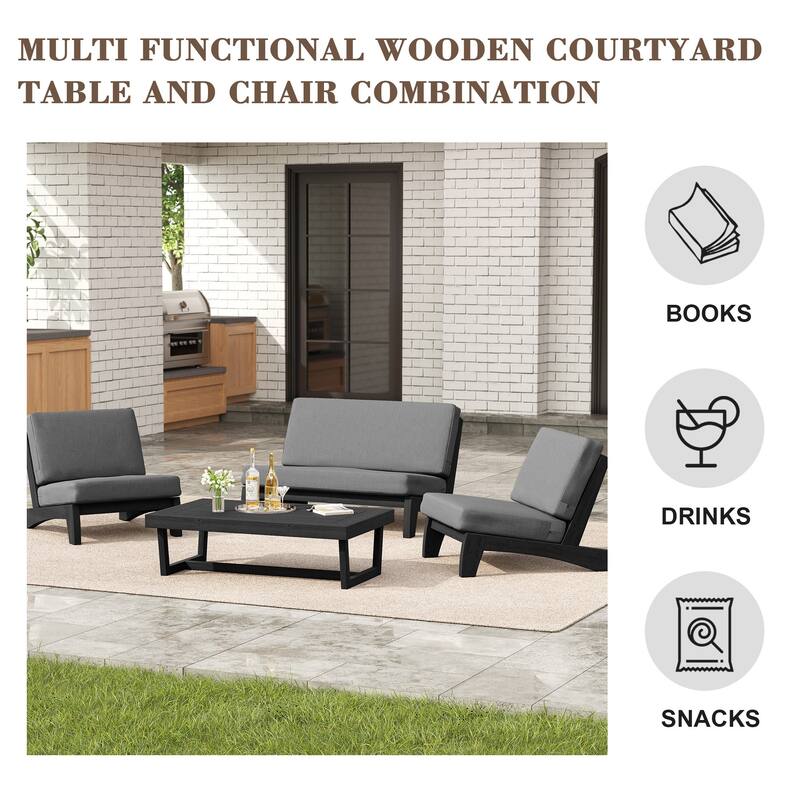 4 Set Outdoor Patio Teak Wood Club Chairs Loveseat with Coffee Table