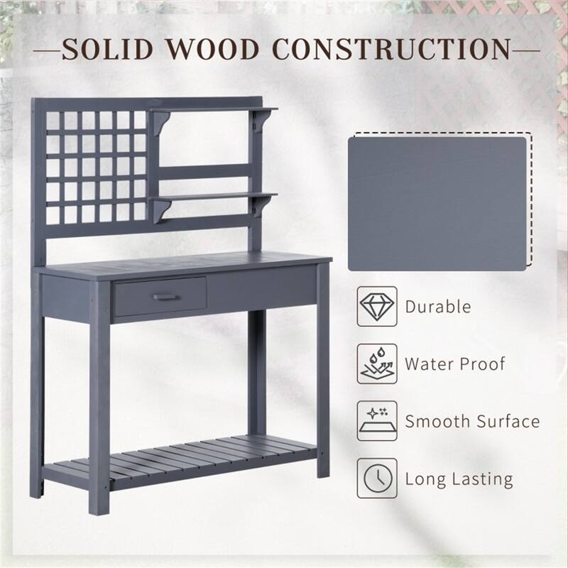 Grey Solid Wood Potting Table with Drawers Top Shelf and Bottom Storage for Gardening - 41.25" W x 16.5" D x 55.75" H