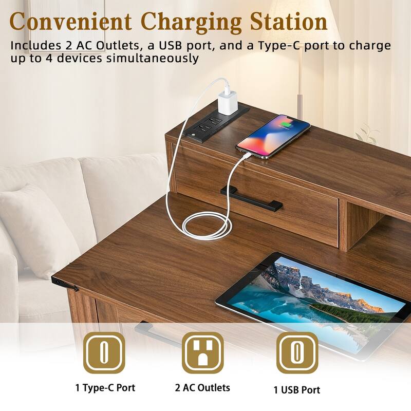 59" Farmhouse Office Desk with Charging Station, Barn Door, File Drawer & Monitor Stand