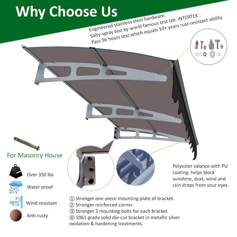 Series Door Window Awning Canopy Made of 0.137"Thick Crystal Solid Polycarbonate Sheet and Aluminum Alloy with Valance