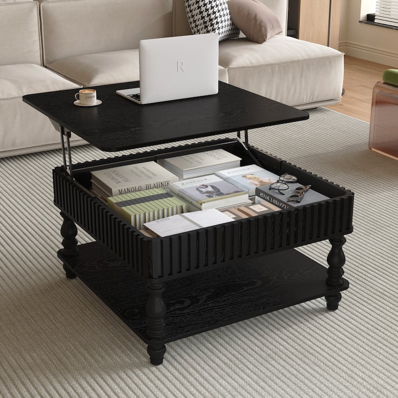 31.5 Inch Square Fluted Lift-Top Coffee Table with Hidden & Open Storage