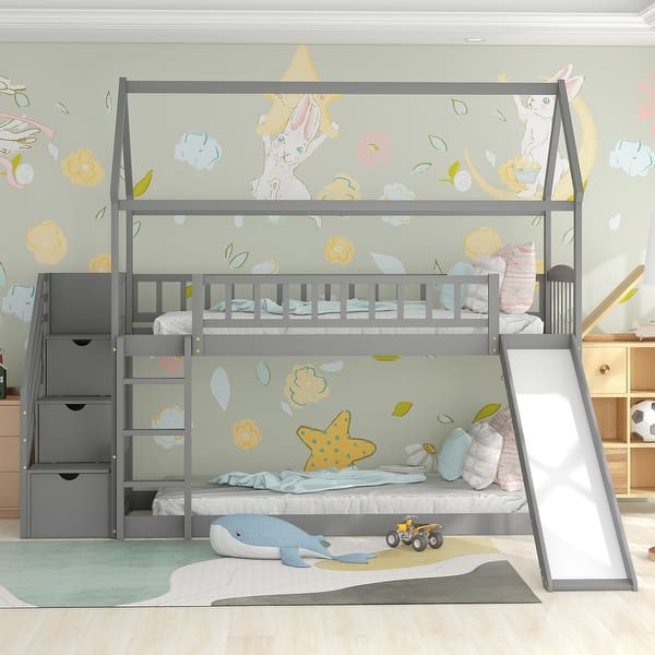 slide 2 of 9, Solid Wood Twin Over Twin Bunk Bed with Three Drawers and A Slide, Supported By Wooden Strips Gray