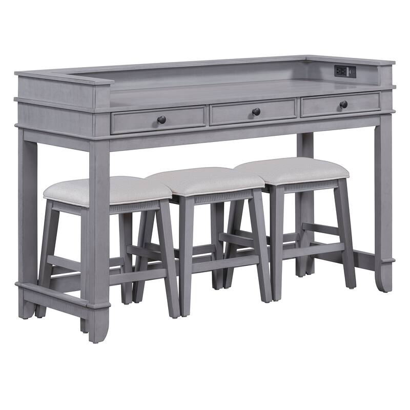 Farmhouse 4 Piece Dining Bar Table Set with 3 Upholstered Stools