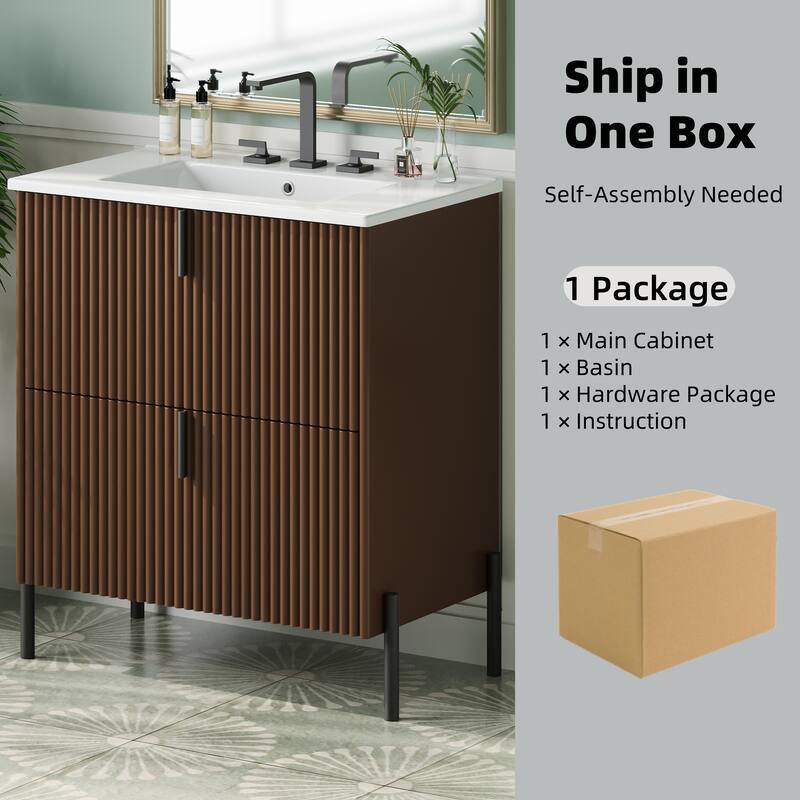 Bathroom Vanity with Ceramic Sink, Freestanding Bathroom Storage Cabinet, Fluted Bathroom Vanity with 2 Full-Extension Drawers