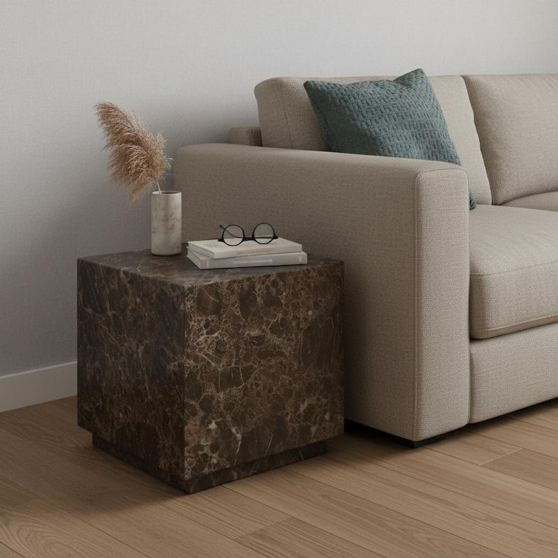 HomeRoots 20" Brown Marble Square Block End Table - 20.00 in. x 20.00 in. x 20.00 in. - Brown - Marble