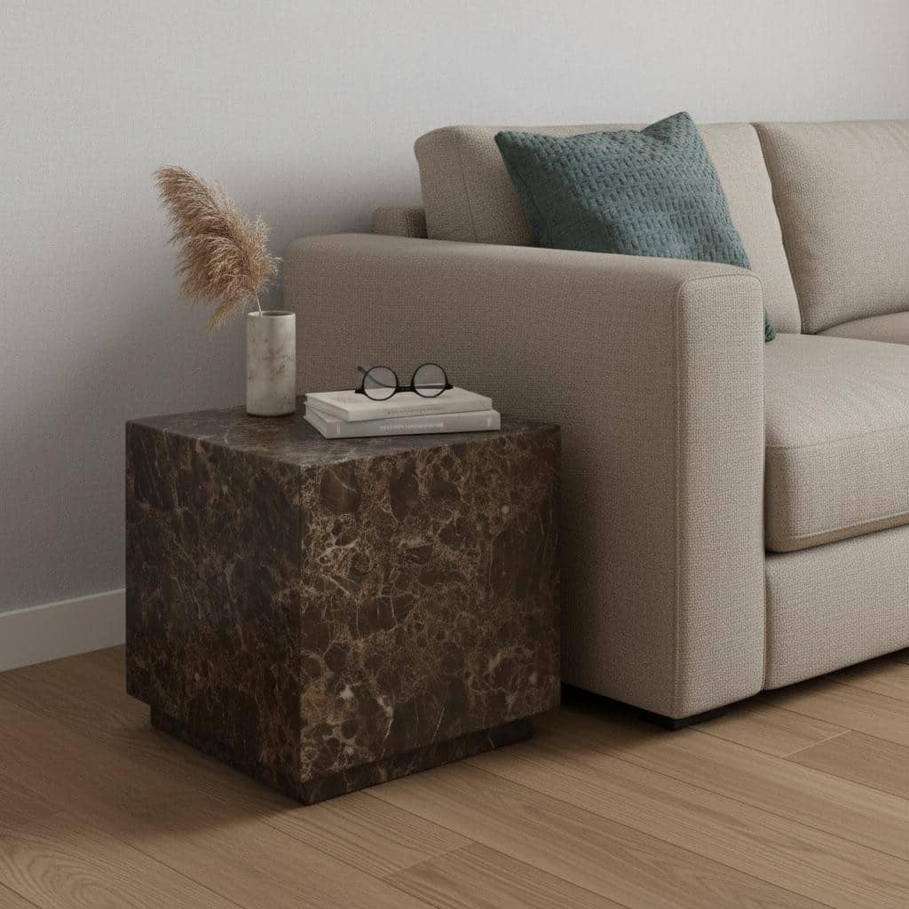 HomeRoots 20" Brown Marble Square Block End Table - 20.00 in. x 20.00 in. x 20.00 in.