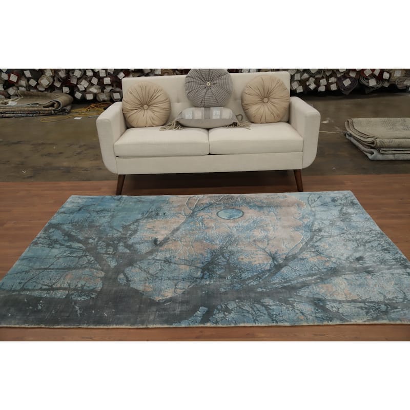 Hand Knotted Oriental Viscose Silk Carpet Modern Pictorial Navy Blue & Blues Abstract Area Rug - 7' 2'' X 5' 3''
