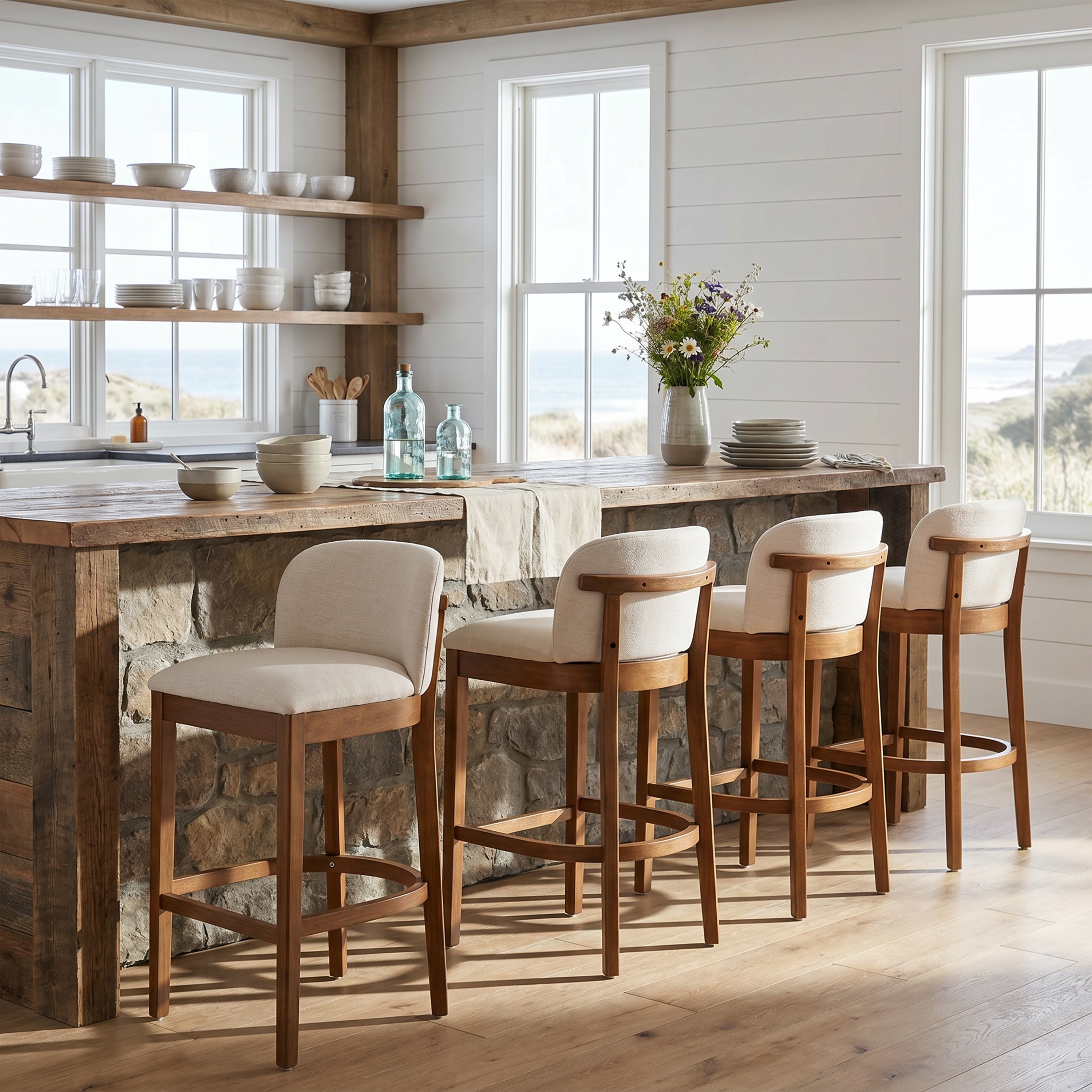 Christopher Knight Home Blakely Upholstered Bar Stools with Curved Low Backrest and Wooden Footrests (Set of 4)