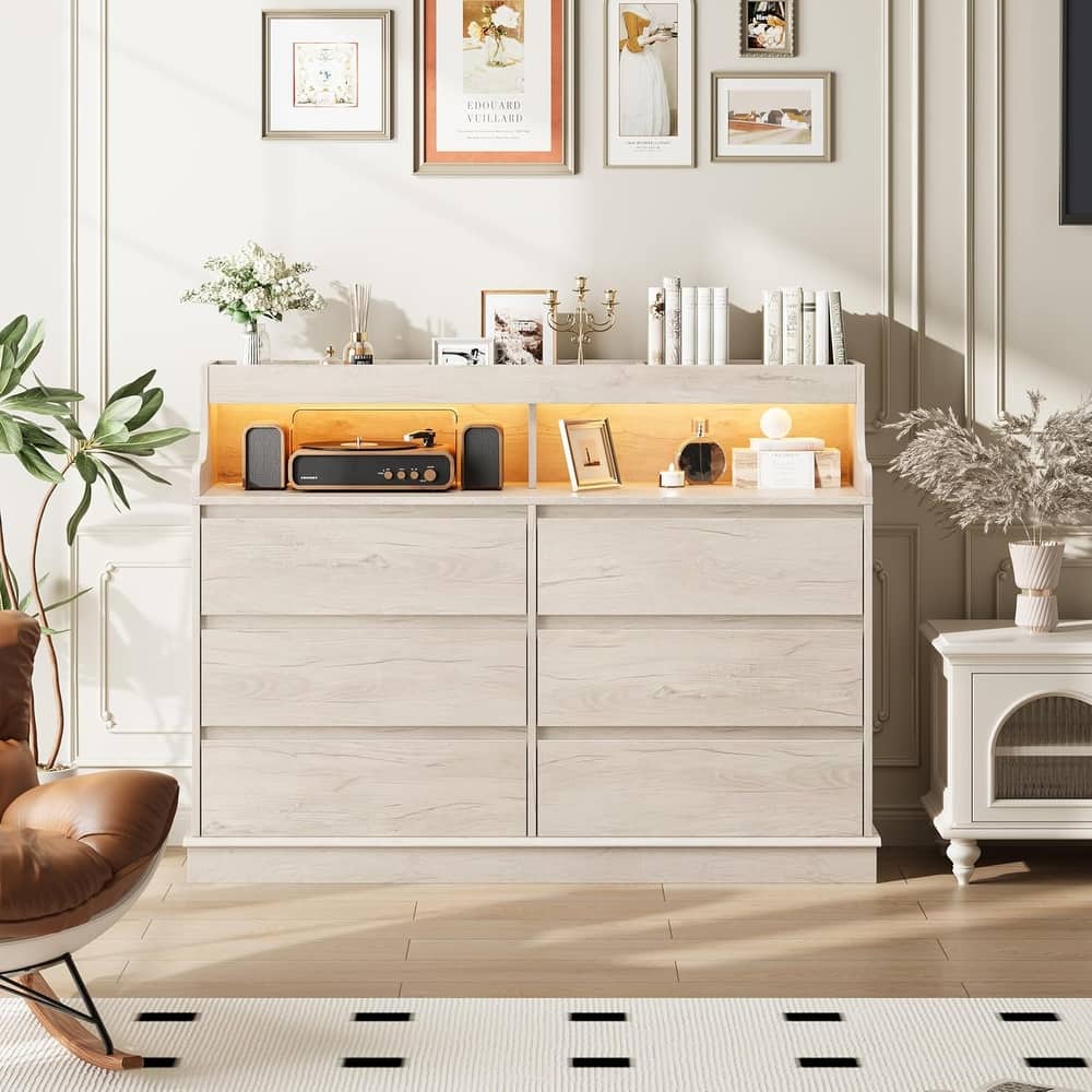 6-Drawer Dresser w/ LED Lights & Charging Station, Wide Storage Cabinet