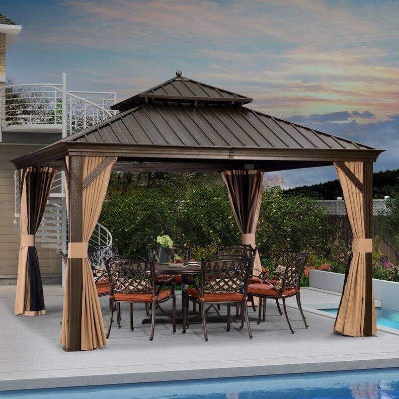 PURPLE LEAF Outdoor Galvanized Steel Roof Aluminum Frame Hardtop Gazebo with Netting,Curtains included