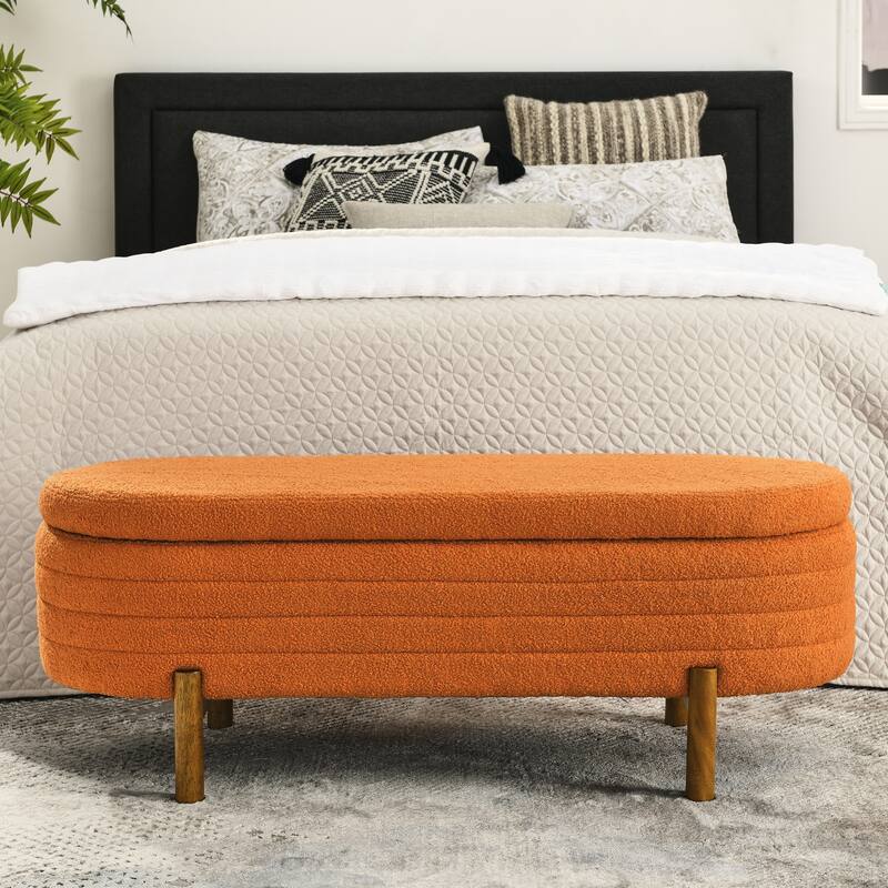 Ottoman Oval Storage Bench,Rubber Wood Leg,Beige(46."x17.7"x10.8")