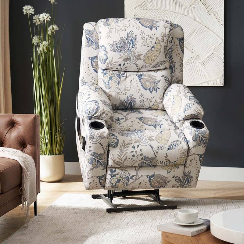 Larry Traditional Floral Dual Motor Heated Lift Assist Power Recliner with Massage by HULALA HOME